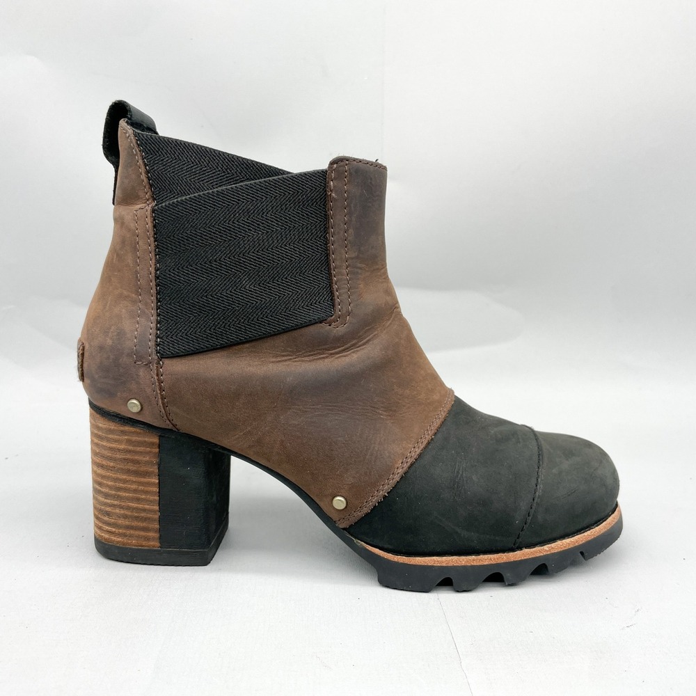 Sorel Womens 7.5 Addington Chelsea Boots Shoes Brown Black Leather Block Heels